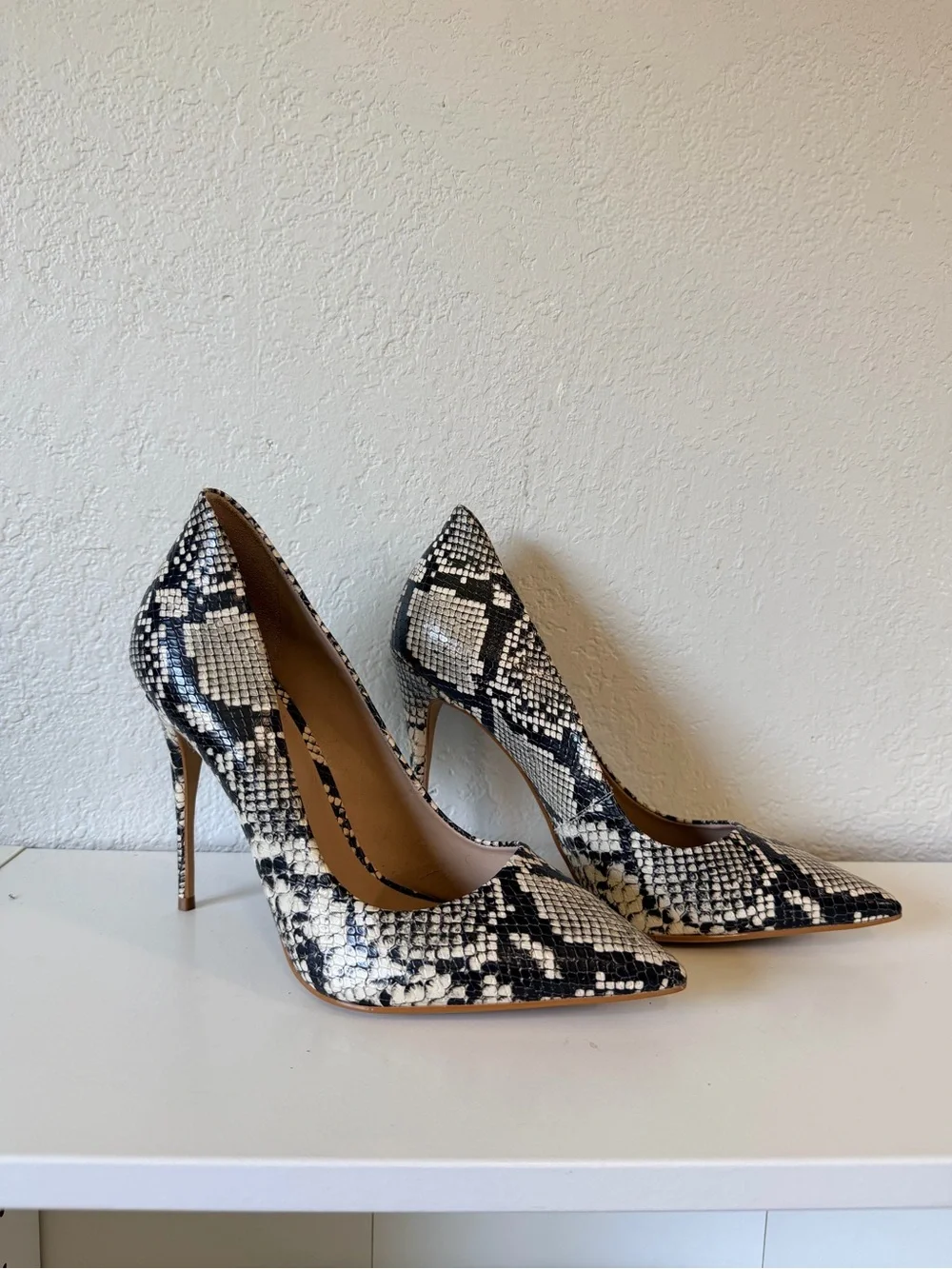 Aldo Black & White Snake-Print Pointed Stiletto Heels